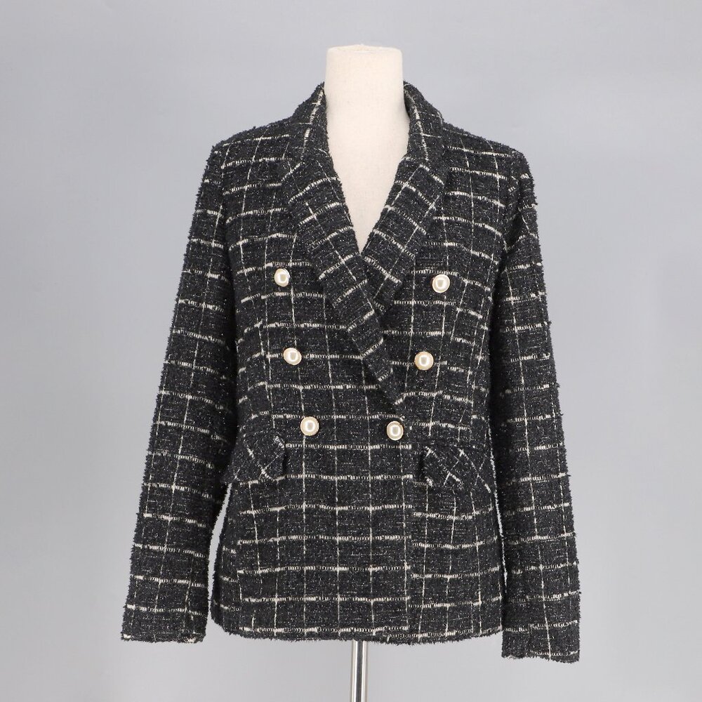 NWT RACHEL ZOE Tweed Double-Breasted Windowpane Blazer Pearl Buttons Size M